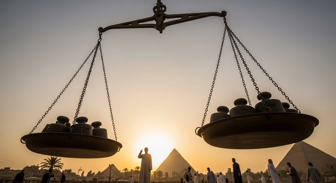A colossal, ancient Egyptian scale with one pan heavily weighted and sinking, symbolizing Egypt's widening balance of payments deficit, set against a backdrop of sunlit Egyptian landmarks representing tourism and remittances.