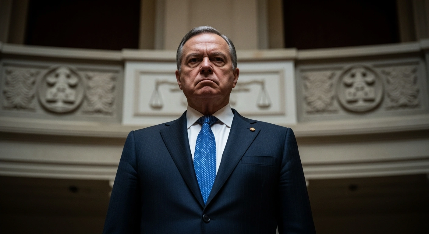 A stern, authoritative diplomat, representing Egypt, stands in a grand chamber under dramatic chiaroscuro lighting, their resolute expression conveying strong condemnation of statements suggesting Israel could claim Middle East land based on biblical grounds, a violation of international law.