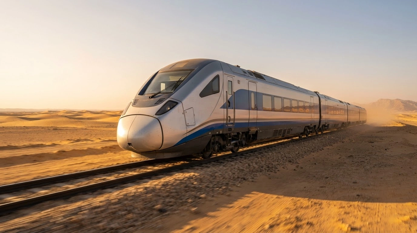 A modern high-speed electric train travels across the Egyptian desert during a trial run on the new line connecting the Red Sea and the Mediterranean.