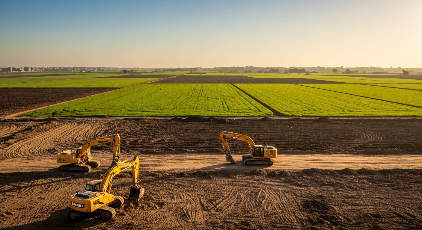 Heavy machinery sits on cleared agricultural land in Egypt following a government campaign to remove illegal encroachments.