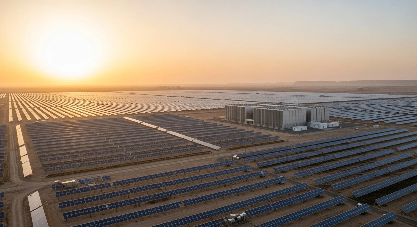 An aerial view of the Obelisk solar project in Qena, Egypt, showcasing thousands of gleaming solar panels stretching across the desert landscape towards a large, modern battery storage facility, representing Africa's largest hybrid solar PV plant with 500 MW solar capacity and 200 MWh battery storage.