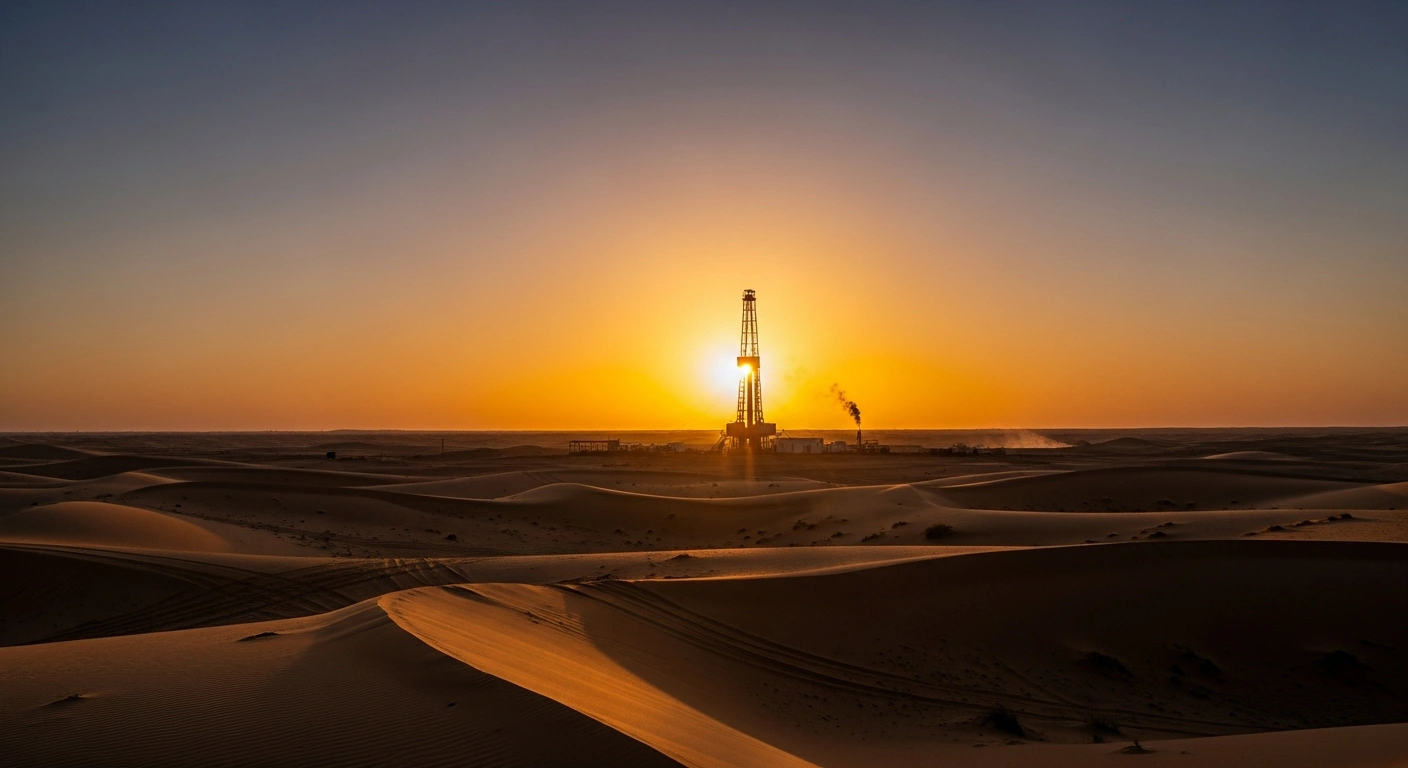 A photorealistic image depicts a modern oil and gas drilling rig silhouetted against a dramatic sunrise in the vast Egyptian Western Desert, symbolizing new discoveries and increased domestic production for Egypt's energy independence goals.