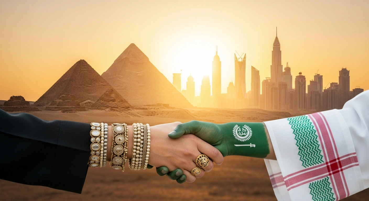 A cinematic image depicts the Giza Pyramids at sunset subtly merging with the Riyadh skyline, with two hands, one adorned with Egyptian jewelry and the other with Saudi motifs, clasping in the foreground, symbolizing the signed executive program for bilateral tourism cooperation between Egypt and Saudi Arabia.