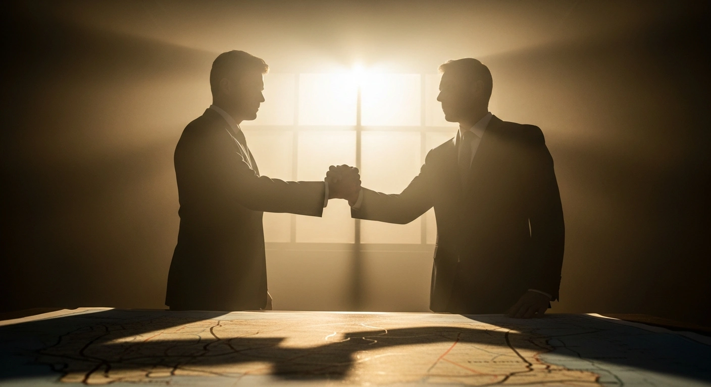 Egyptian President Abdel Fattah al-Sisi and Sudanese leader Abdel Fattah al-Burhan are depicted in a dramatic, low-angle shot, shaking hands over a strategic map, symbolizing the activation of joint defense frameworks between Egypt and Sudan in response to escalating threats to state institutions and national security.