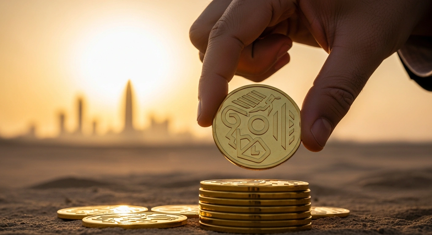 A close-up shot of a hand carefully placing a stylized, polished golden disc, etched with abstract patterns, onto a stack of similar discs, set against a soft-focus background of a desert sunrise and a distant modern financial district, symbolizing Egypt's EGP 5 billion sukuk issuance and its strategy to diversify funding sources and attract Sharia-compliant investors.