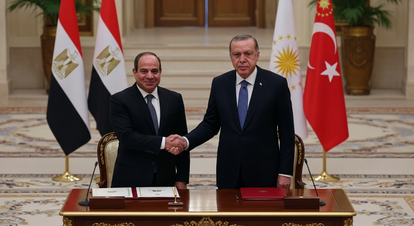 Presidents Abdel Fattah al-Sisi of Egypt and Recep Tayyip Erdogan of Turkey are depicted shaking hands in a grand, formal hall in Cairo, symbolizing the formalization of their framework military cooperation agreement and broader strategic rapprochement, including a significant $350 million defense deal.