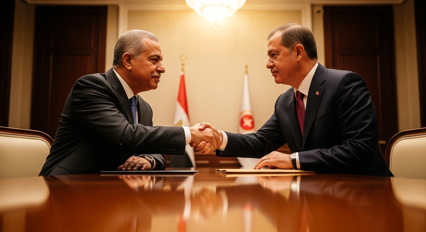 A photorealistic image depicts Egyptian Foreign Minister Badr Abdelatty and Turkish Foreign Minister Hakan Fidan shaking hands firmly across a polished conference table, symbolizing their renewed diplomatic engagement and discussions on strengthening bilateral relations and regional peace in Ankara.