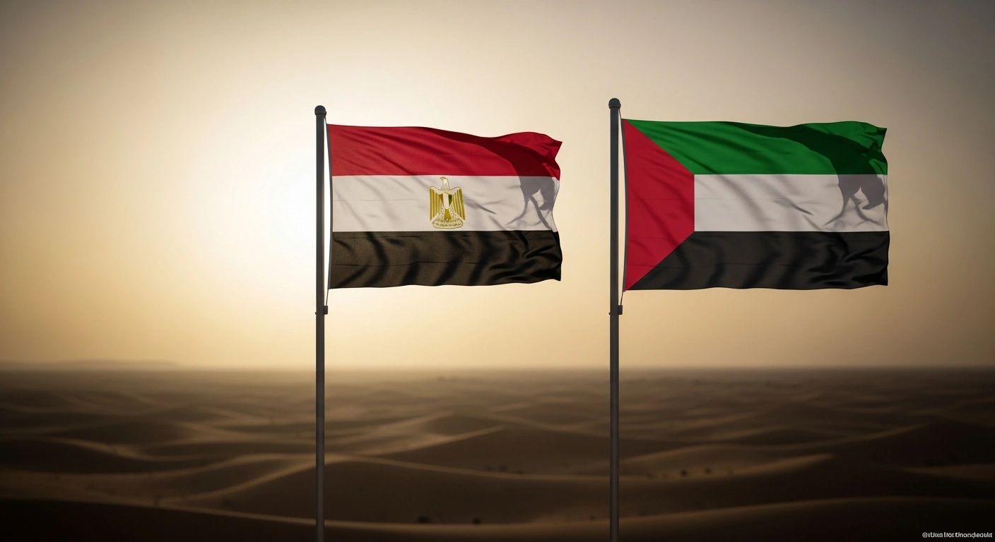 The national flags of Egypt and the United Arab Emirates stand together in a desert landscape to symbolize diplomatic solidarity following recent security threats.