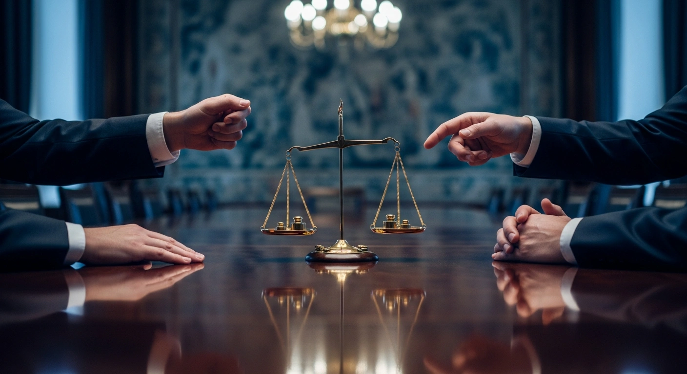 A high-contrast, dimly lit scene features a polished mahogany table where two distinct hands are poised over a delicate, intricately balanced scale, with a third neutral hand hovering nearby, symbolizing the diplomatic efforts and compromise urged by Egypt's Foreign Minister Badr Abdelatty in negotiations between the United States and Iran to avoid military escalation.