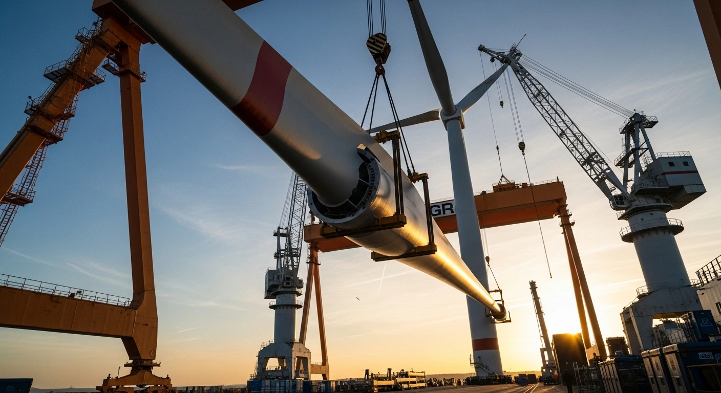 A colossal offshore wind turbine blade is hoisted by a gantry crane within a modern Spanish shipyard at sunset, representing the European Investment Bank and CaixaBank's financial support for Navantia Seanergies in manufacturing offshore wind equipment for Europe's renewable energy transition.