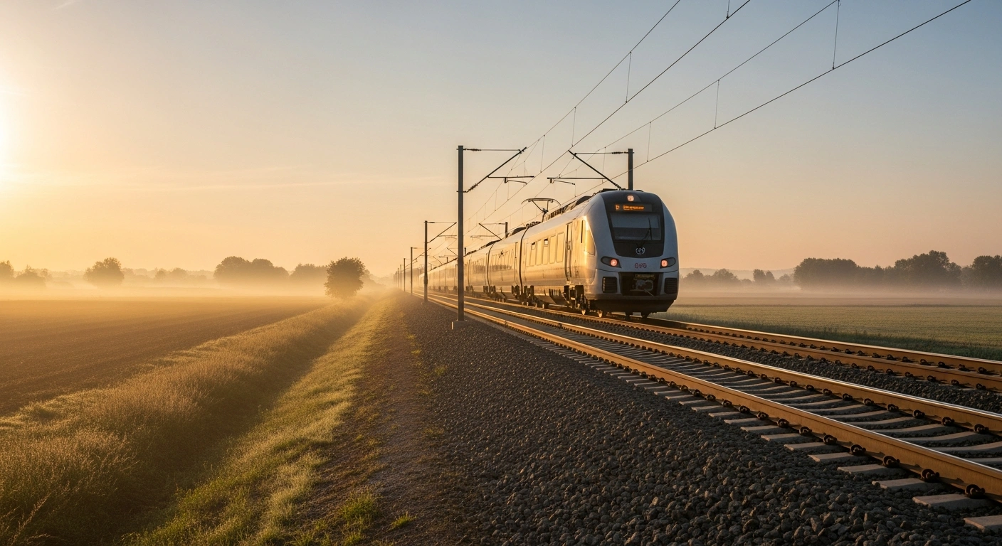 A modern European train travels on a newly upgraded rail track at dawn, symbolizing the €92 million European Investment Bank loan for the Križevci – Koprivnica rail section in Croatia, enhancing connectivity to the Hungarian border and the Mediterranean TEN-T Corridor.