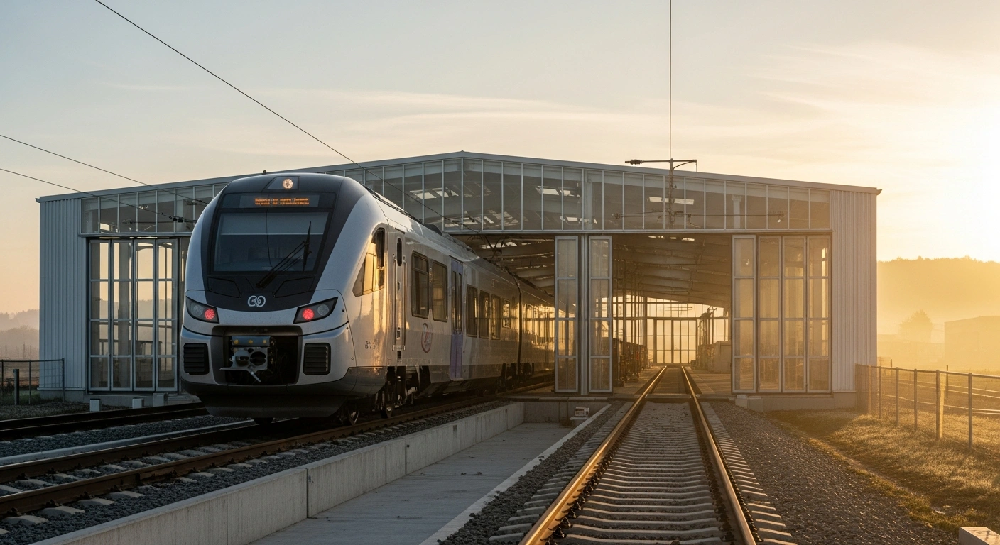 A modern electric regional train, part of a renewed rolling stock fleet, emerges from a newly constructed maintenance workshop in France's Auvergne-Rhône-Alpes region, reflecting the European Investment Bank's €500 million financing for rail modernization.