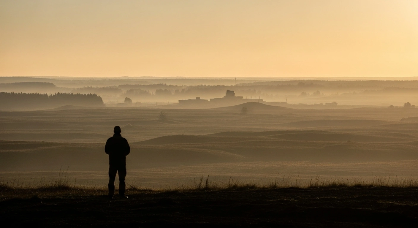 A wide, golden-hour landscape shot depicts undeveloped plains in Latvia, with a distant, silhouetted outline of a military training facility and a lone figure in the foreground, representing the European Investment Bank's advisory support for developing Latvia's national and regional defense capabilities, including a new military base, training area in Selonia, and a storage facility in Kuldīga Municipality, formalized as a potential public-private partnership.