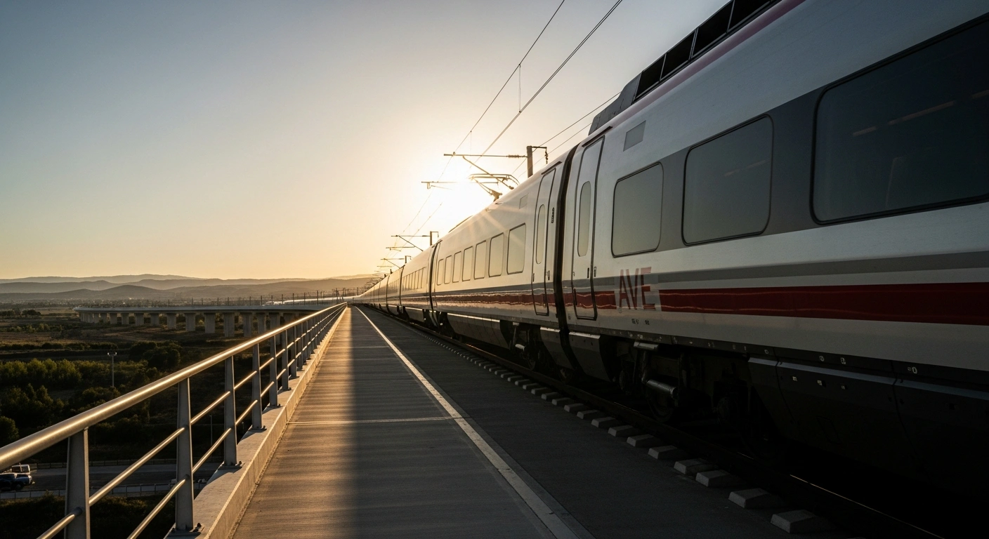A sleek, silver and red high-speed train speeds across a modern elevated viaduct in a sun-drenched Spanish landscape, symbolizing the €1.7 billion European Investment Bank financing for the Burgos–Vitoria line and enhanced rail connectivity between the Iberian Peninsula and Europe.