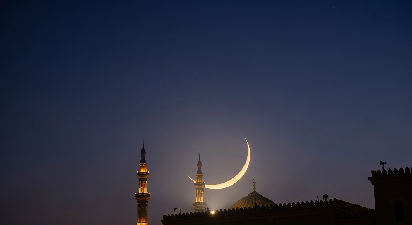 A glowing crescent moon shines above a traditional mosque in Saudi Arabia to mark the beginning of Eid Al-Fitr 2026.
