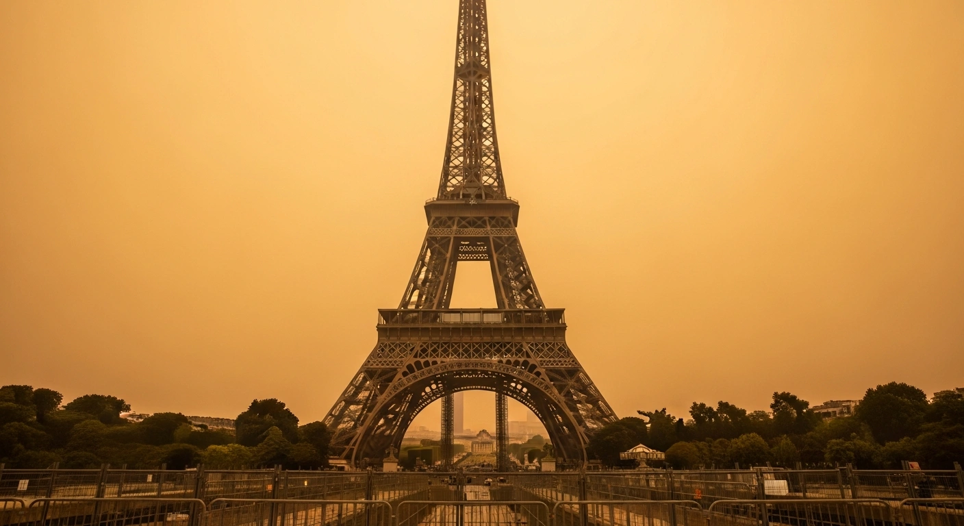 The Eiffel Tower stands closed to the public during a severe heatwave in Paris as temperatures rise across the city.