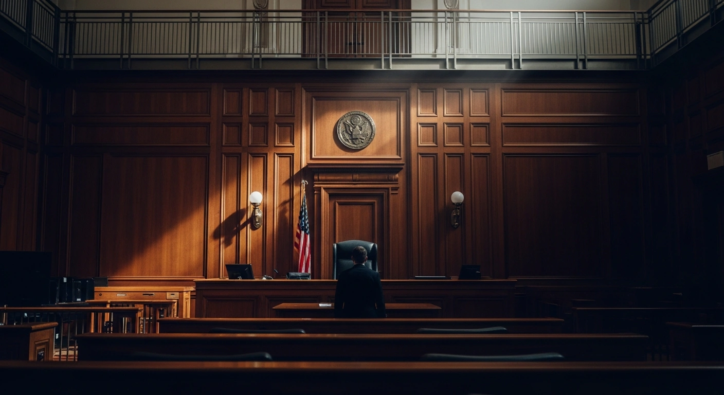 A silhouette of a person standing in a federal courtroom representing the legal proceedings against former Arcadia Mayor Eileen Wang for acting as an illegal foreign agent.