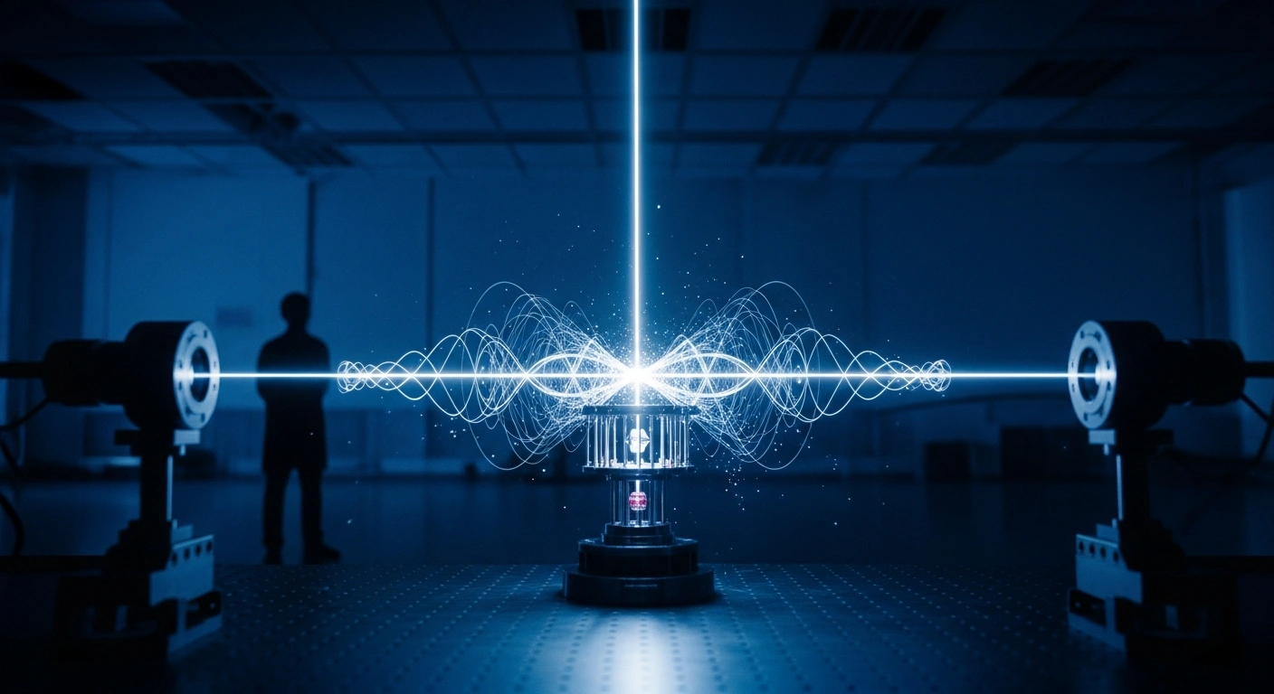 A dramatic, low-angle shot within a modern quantum physics laboratory shows a single laser beam splitting into two distinct, shimmering paths as it interacts with a glowing crystal apparatus, symbolizing the wave-particle duality confirmed by Chinese physicists, settling the century-old debate between Albert Einstein and Niels Bohr.