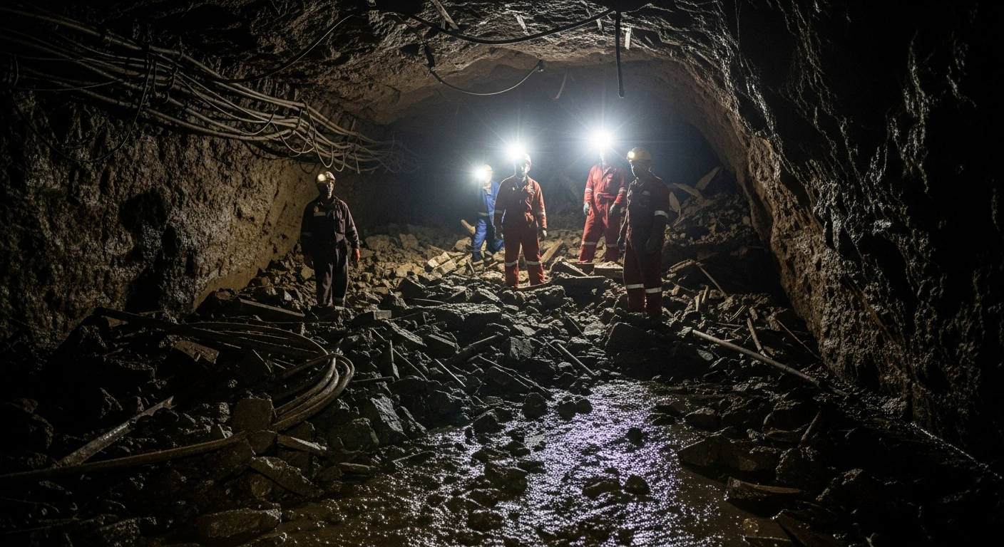 Rescue workers with headlamps and equipment navigate a debris-filled, muddy mine shaft, searching for five miners trapped underground at the Ekapa Mine in Kimberley, South Africa, following a recent mudslide.