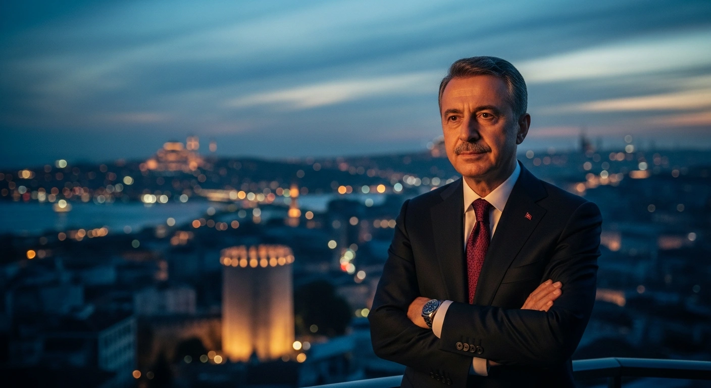 Istanbul Mayor Ekrem İmamoğlu stands on a balcony overlooking the city skyline as he is honored with the 2026 Paweł Adamowicz Award for his commitment to democratic values.
