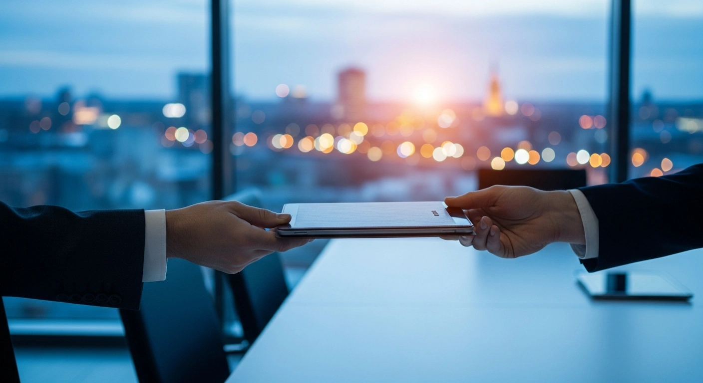 A professional business acquisition scene representing the purchase of Baltijas Datoru Akadēmija by AS Ekspress Grupp in a modern office setting.