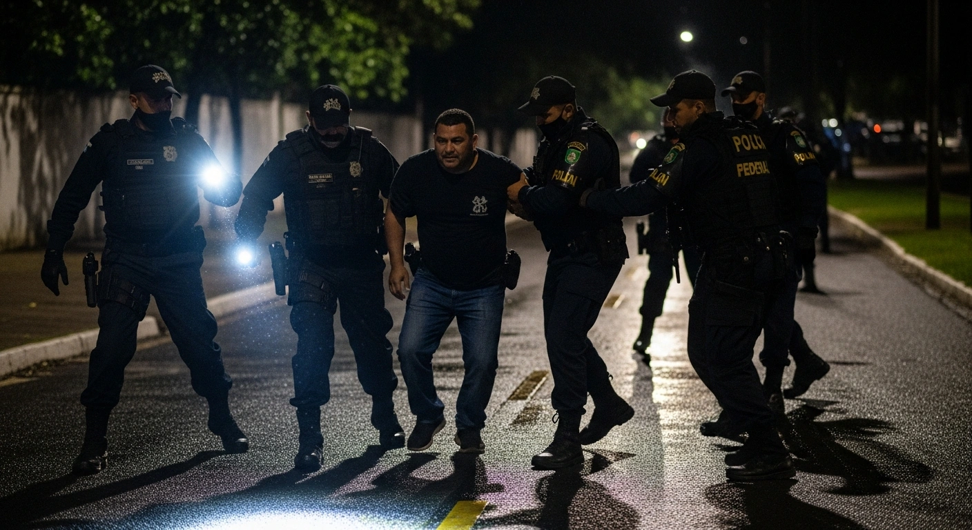 A high-ranking member of the PCC criminal organization, Sidney Rodrigo Aparecido Piovesan, known as 'El Cid,' is firmly apprehended by Federal Police agents under the stark light of tactical flashlights on a wet, nondescript pavement.