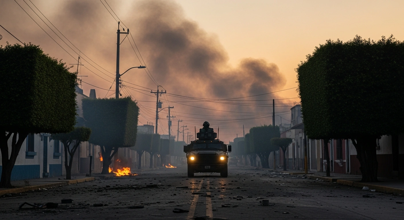 A desolate, smoke-filled street in a Mexican town at dawn, with a heavily armed military vehicle patrolling, symbolizing the aftermath of the military operation that killed Nemesio Rubén Oseguera Cervantes, 'El Mencho,' and the subsequent retaliatory violence across Mexican states.