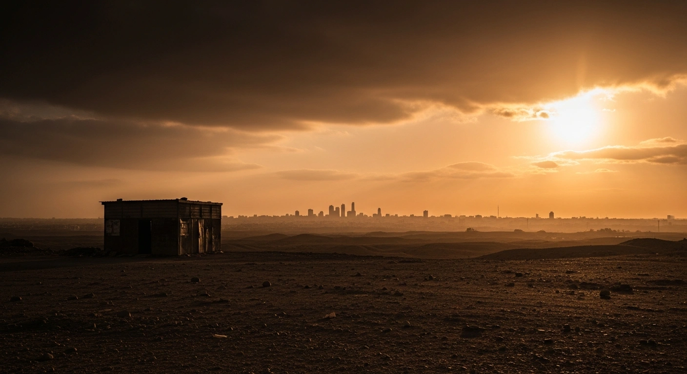 A wide landscape view of the Sudanese city of El Obeid under a dark, ominous sky during the ongoing civil war.