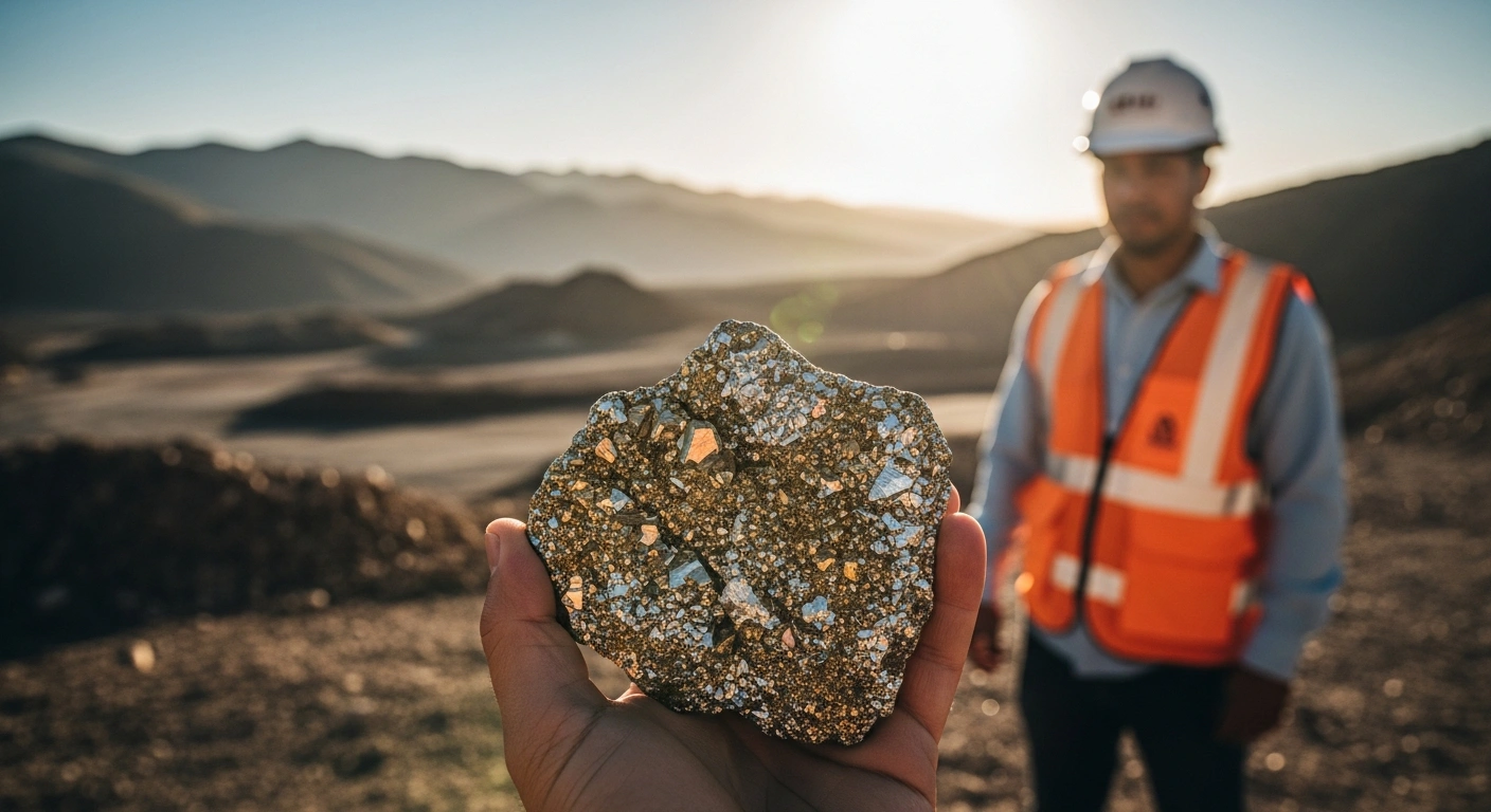 A geologist examines a raw gold and silver mineral sample at the El Potrero mining project site in Durango, Mexico.