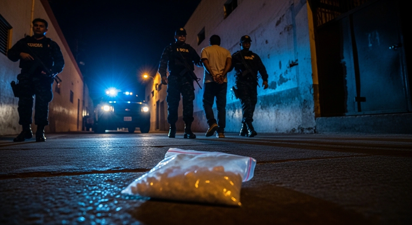 A handcuffed figure, 'El Tomate', an alleged leader of the 'Demonios-Mayos' criminal group linked to the Sinaloa Cartel, is led away by Mexican Navy officers in a dimly lit alleyway in Nogales, Sonora, with a bag of seized methamphetamine visible on the ground after his arrest for organized crime.