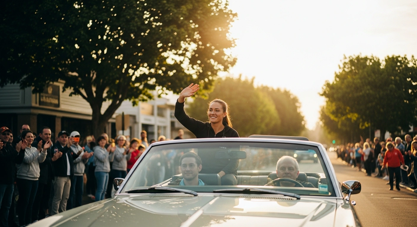 Olympic bobsled medalist Elana Meyers Taylor waves to her hometown crowd during a celebratory parade in New Braunfels, Texas.