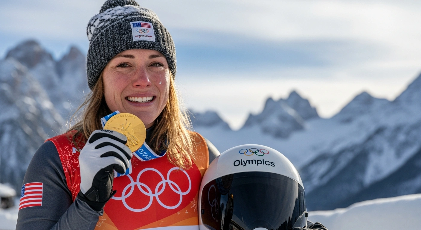 American bobsledder Elana Meyers Taylor, 41, is shown in a heroic medium shot, holding her first Olympic gold medal for the women's monobob event at the 2026 Winter Olympics in Cortina d'Ampezzo, Italy, her face reflecting triumph and emotion.