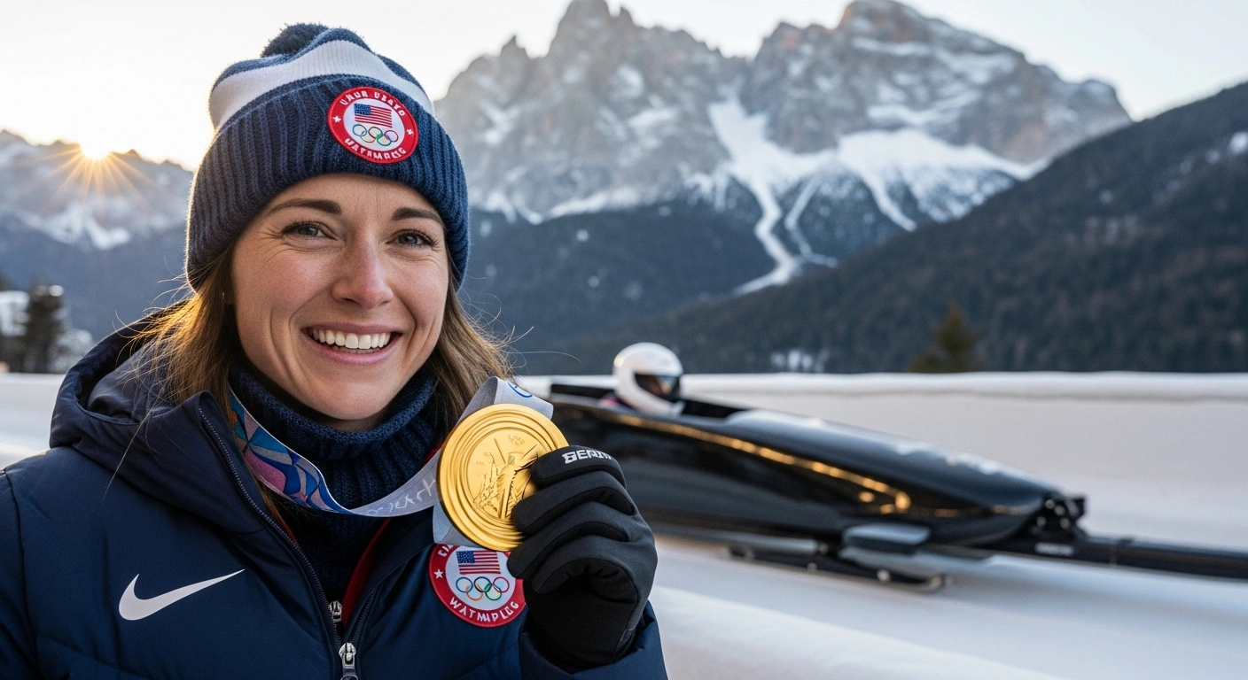 American bobsledder Elana Meyers Taylor celebrates her first Olympic gold medal in the women's monobob event at the 2026 Winter Olympics in Cortina d'Ampezzo, Italy, making her the oldest U.S. woman to win Winter Olympic gold.