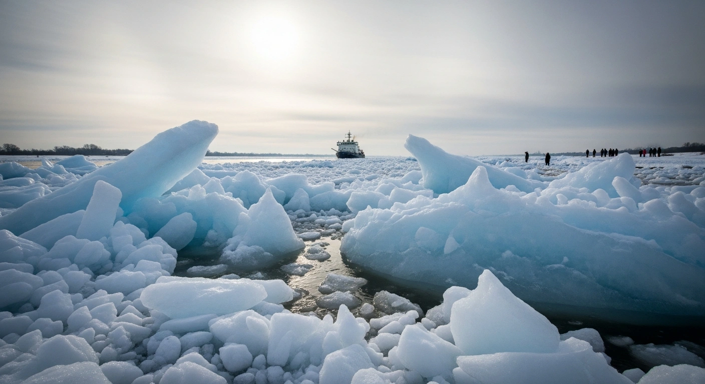 Massive, Arctic-style ice floes, some reaching ten meters high, clog the Elbe River near Geesthacht, northern Germany, with an icebreaker attempting to clear a path as bundled visitors observe the scene.
