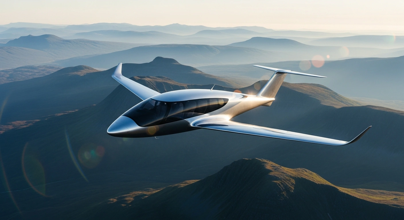 A modern electric aircraft flies over the Scottish Highlands as part of the UK government's Project SEAN initiative to decarbonize regional aviation.