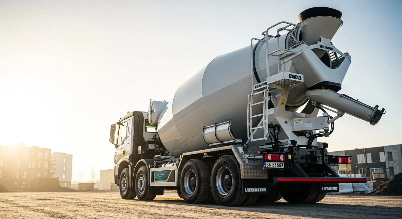 A Scania electric concrete mixer truck with a Liebherr electric drum operates on a construction site in Denmark to reduce carbon emissions.