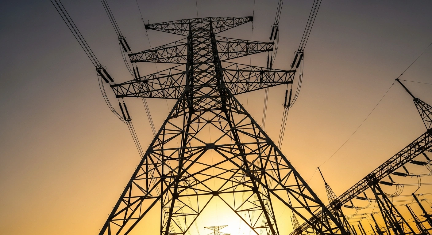 A colossal, modern power transmission tower stands silhouetted against a golden-orange twilight sky, symbolizing the strategic acquisition by Romanian energy giant Electrica of a Moldovan energy company and its regional expansion.