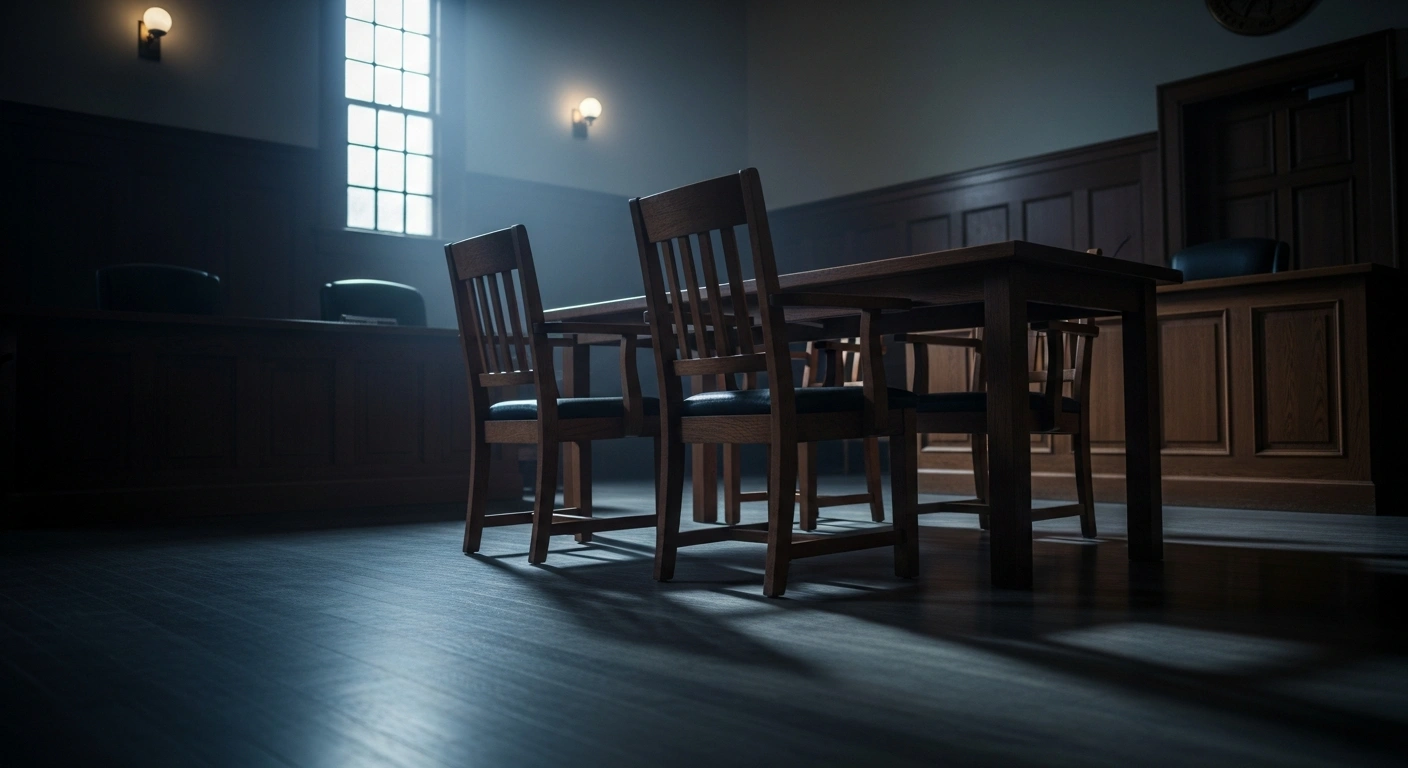 The empty defense table in a Colorado courtroom where the convictions of paramedics Jeremy Cooper and Peter Cichuniec were overturned in the Elijah McClain case.