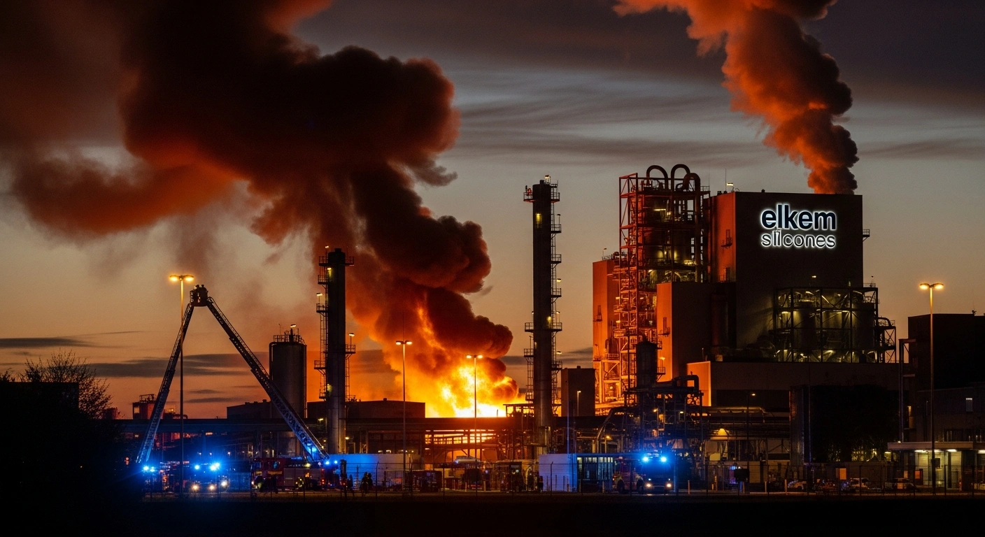The Elkem Silicones plant in Saint-Fons, near Lyon, France, is shown at dusk with a large fire and dark smoke billowing from its industrial structures, surrounded by flashing emergency vehicle lights after an explosion.