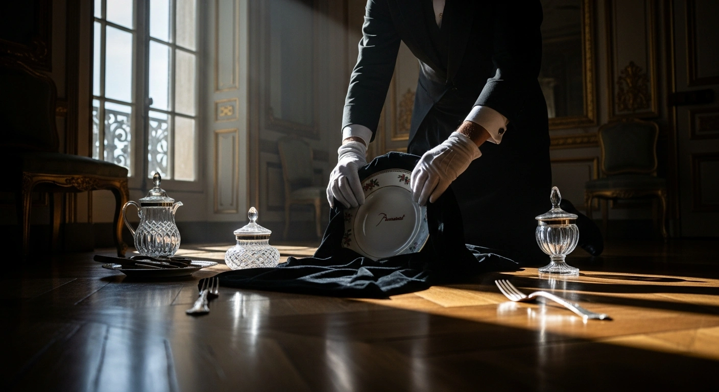 Gloved hands carefully wrap a Sèvres porcelain plate and Baccarat crystal, part of valuable tableware allegedly stolen from the Élysée Palace by a silver steward and accomplices for sale on online auction sites.