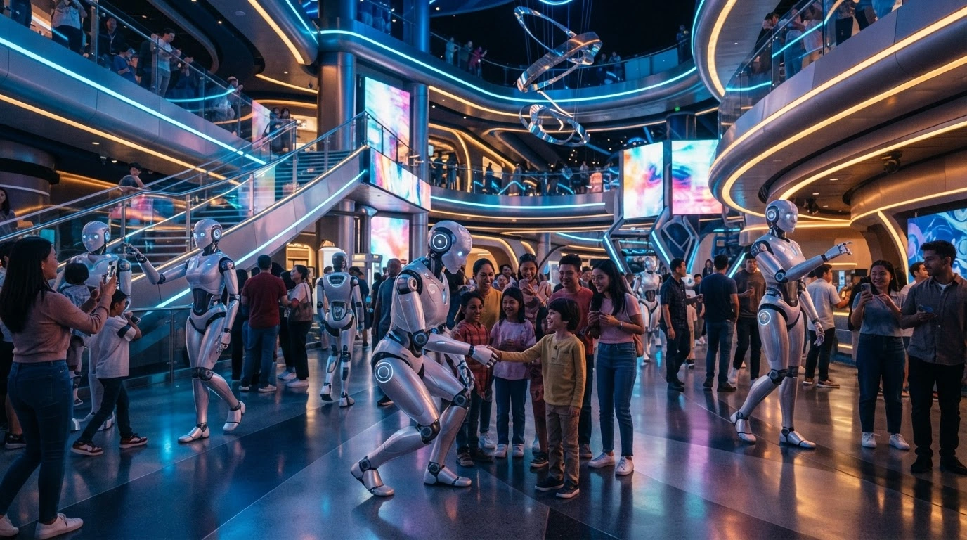 Advanced humanoid robots interact with visitors at the world's first embodied AI theme park located at Chimelong Spaceship Park in Zhuhai, China.