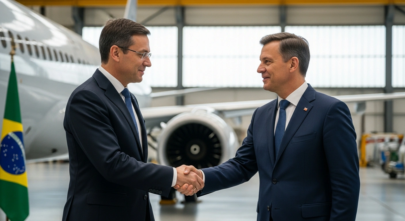 Two distinguished men, representing Brazilian aerospace and Polish defense, shake hands in a modern industrial hangar, symbolizing their new agreements for long-term cooperation in aviation and defense, with aircraft components visible in the background.