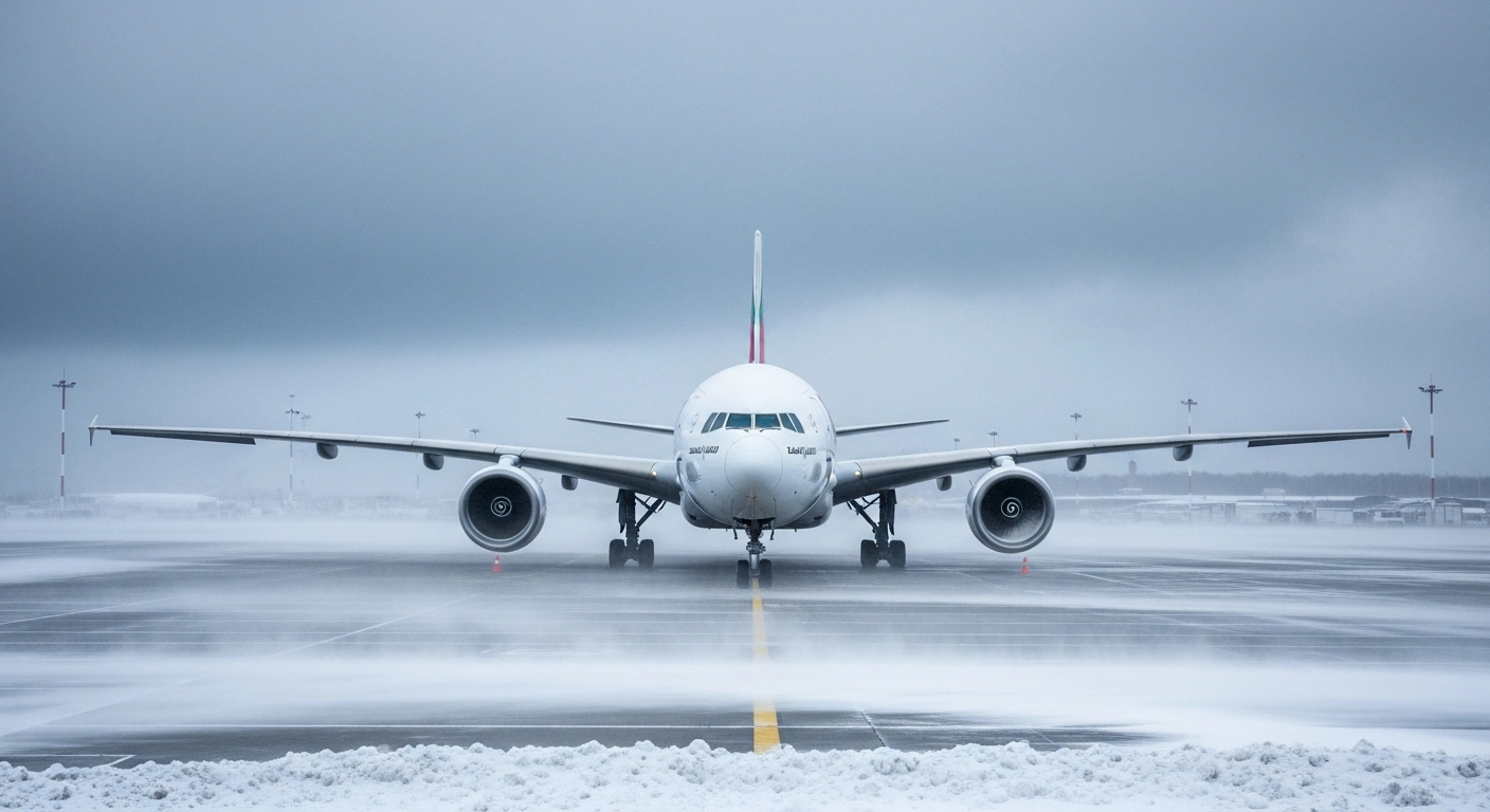 A large Emirates passenger jet is grounded on a snow-covered airport tarmac, surrounded by swirling snow during a severe Nor'easter snowstorm affecting the US East Coast, leading to flight cancellations.