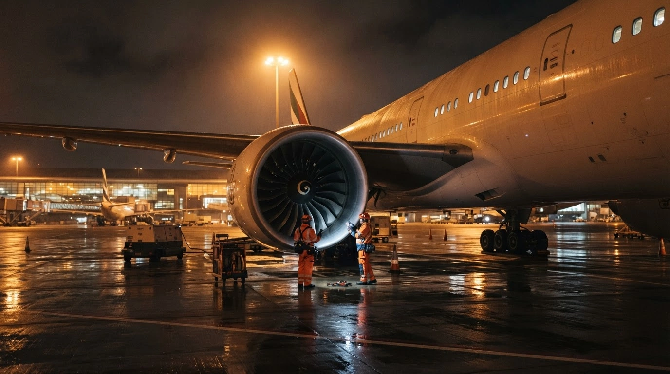 A commercial Emirates airliner sits on the tarmac at night for a mandatory safety inspection following a bird strike incident.