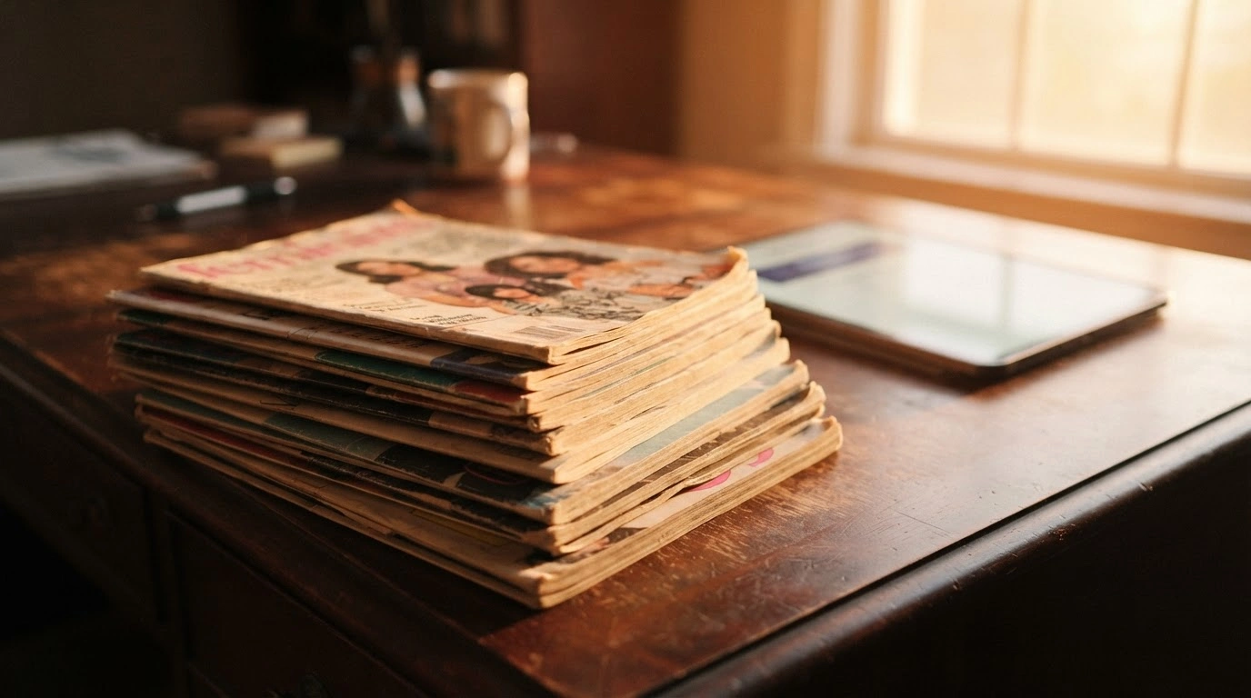 A stack of vintage Emma magazines sits on a desk next to a glowing digital tablet, representing the transition of the German feminist publication to a digital-only format.