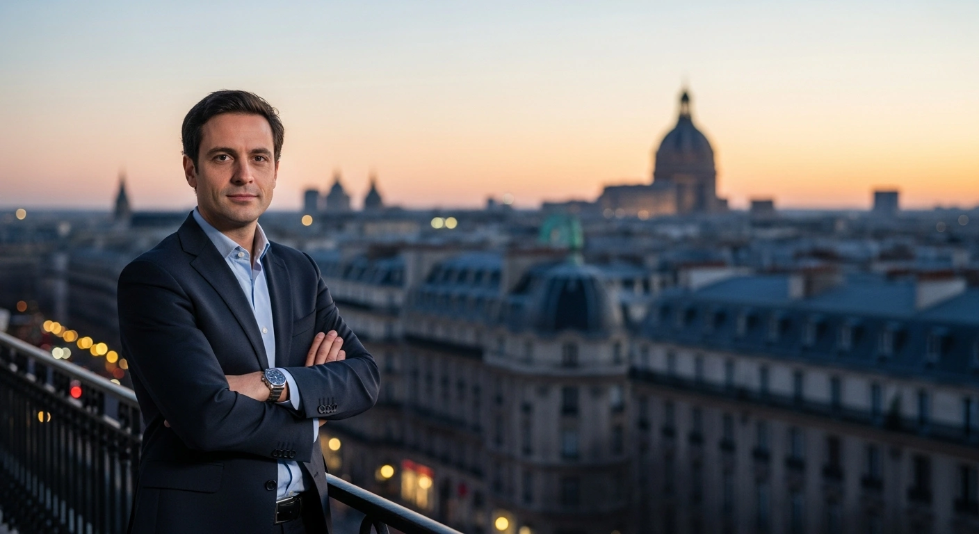Emmanuel Grégoire stands on a balcony overlooking the Paris skyline after being elected as the new mayor of the city.