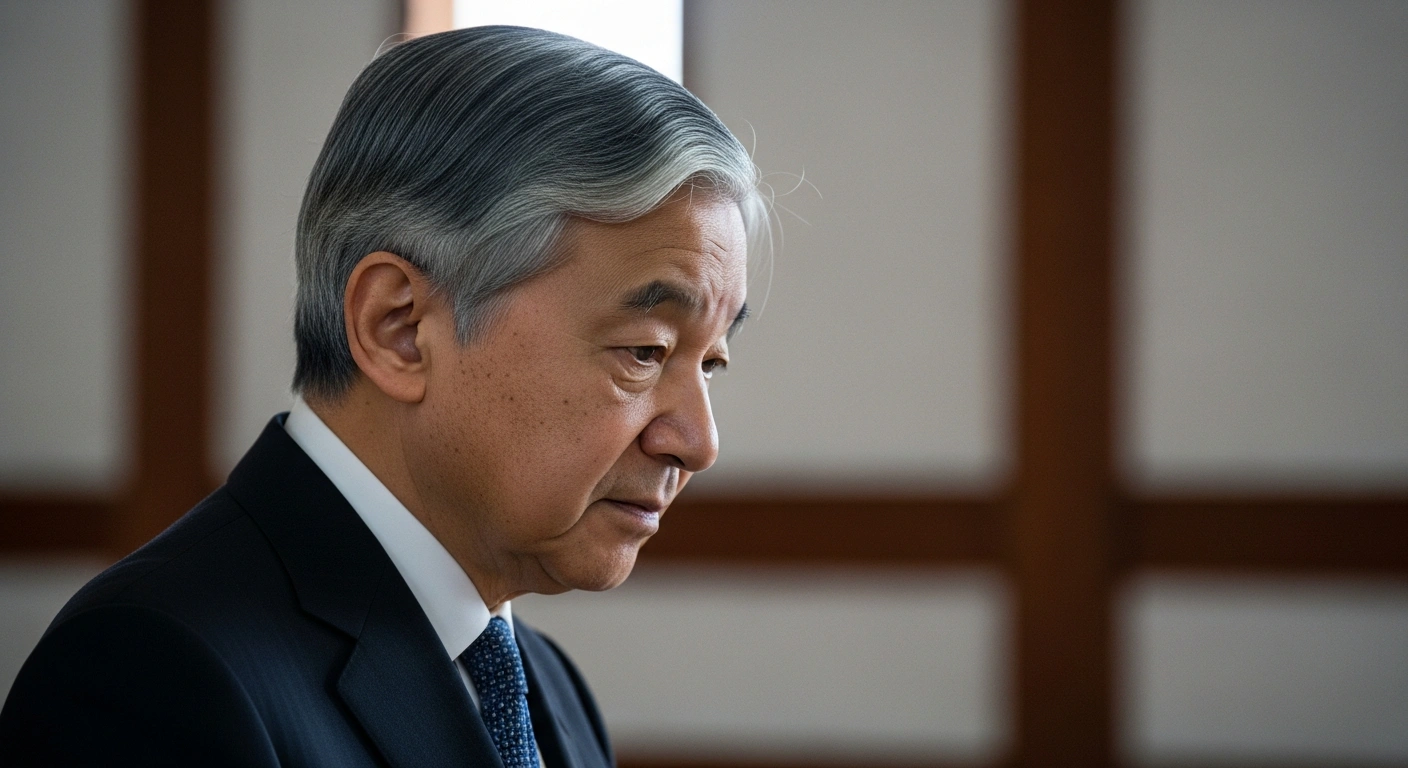Emperor Naruhito of Japan is shown in a contemplative pose within the Imperial Palace, reflecting on peace, mutual understanding, and global challenges during his annual New Year's address.