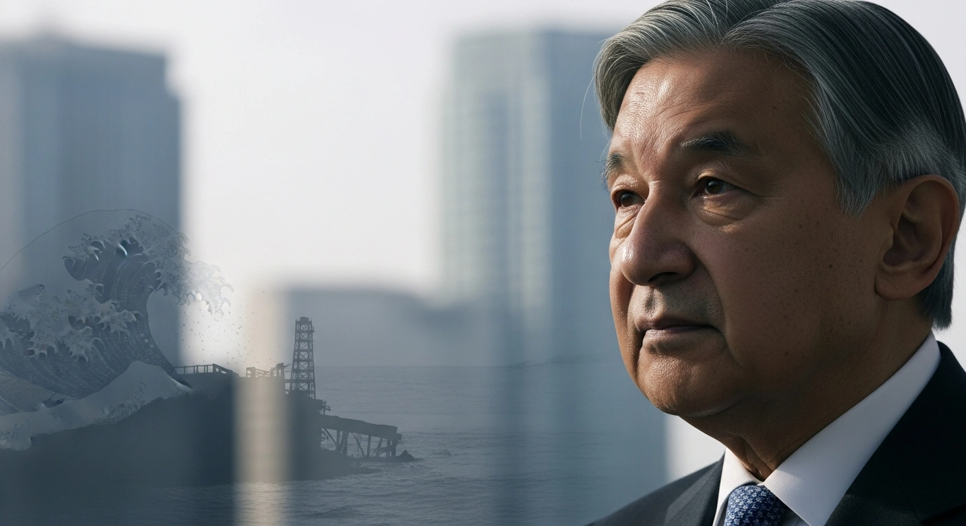 A medium close-up of Emperor Naruhito, looking contemplative, with a blurred background showing modern Japanese architecture subtly overlaid with a faint image of a tsunami wave, symbolizing his profound concern for survivors of the 2011 earthquake, tsunami, and nuclear disaster.
