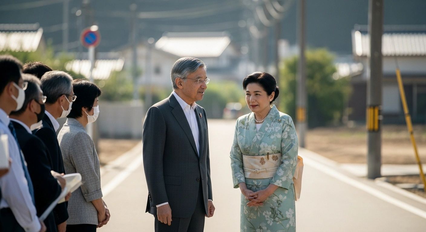 Emperor Naruhito and Empress Masako speak with local residents during their visit to Ozu, Ehime, to observe recovery efforts following the 2018 torrential rains.