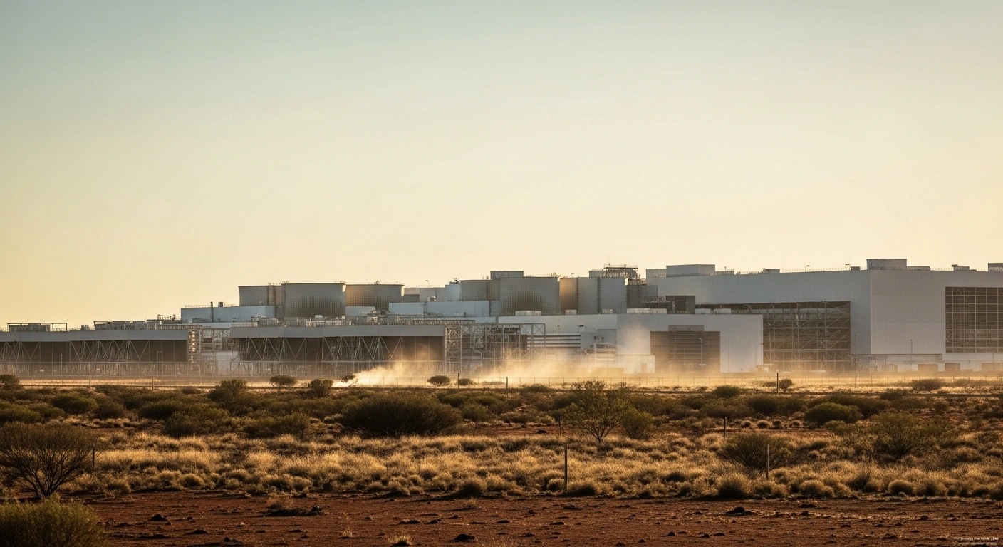 A large gas-powered data center complex sits in the arid landscape near Darwin, Northern Territory, representing the infrastructure for Empire Energy's AI project.